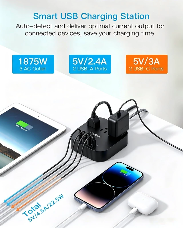 Alt view image 2 of 7 - Power Strip with USB C, 3 Outlets 4 USB Ports (22.5W/4.5A),6ft Desktop Charging Station, Flat Plug, Braided Extension Cord, Non Surge Protector for Travel, Cruise Ship, ETL Listed-Black