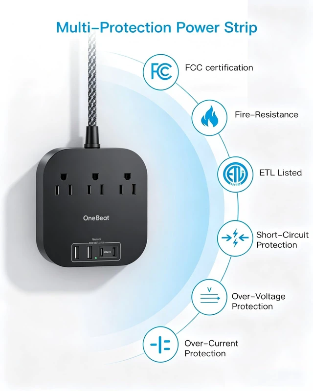 Alt view image 4 of 7 - Power Strip with USB C, 3 Outlets 4 USB Ports (22.5W/4.5A),6ft Desktop Charging Station, Flat Plug, Braided Extension Cord, Non Surge Protector for Travel, Cruise Ship, ETL Listed-Black