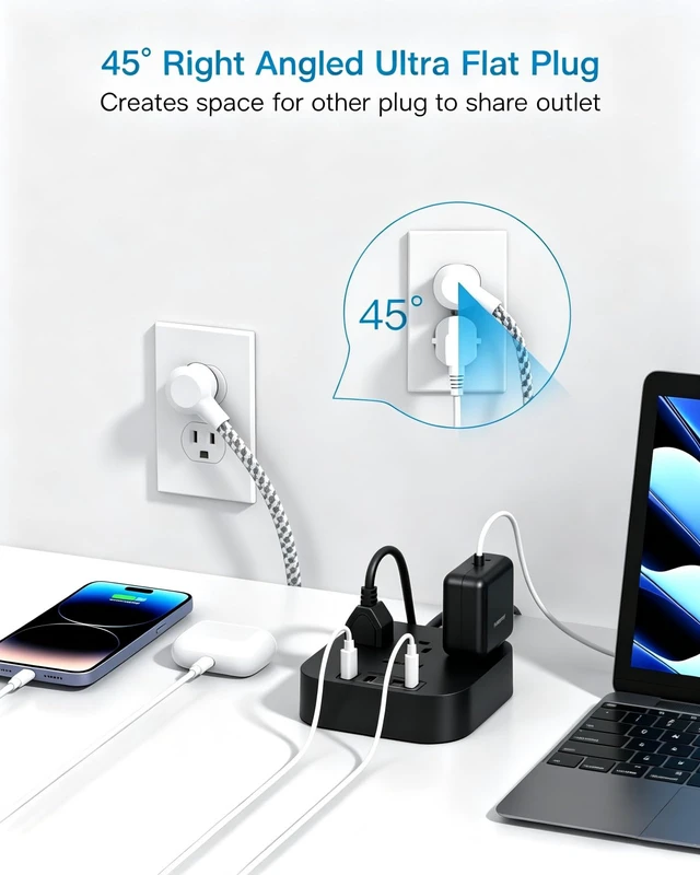 Alt view image 5 of 7 - Power Strip with USB C, 3 Outlets 4 USB Ports (22.5W/4.5A),6ft Desktop Charging Station, Flat Plug, Braided Extension Cord, Non Surge Protector for Travel, Cruise Ship, ETL Listed-Black