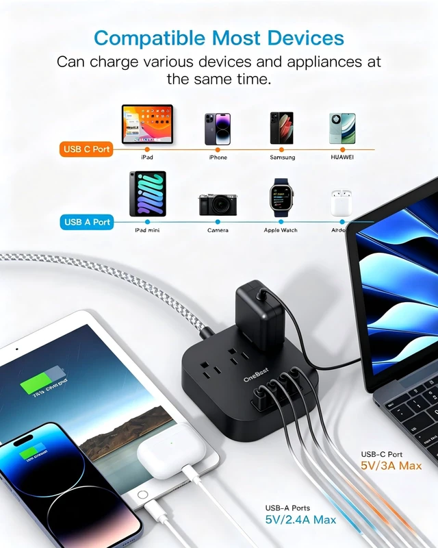 Alt view image 6 of 7 - Power Strip with USB C, 3 Outlets 4 USB Ports (22.5W/4.5A),6ft Desktop Charging Station, Flat Plug, Braided Extension Cord, Non Surge Protector for Travel, Cruise Ship, ETL Listed-Black