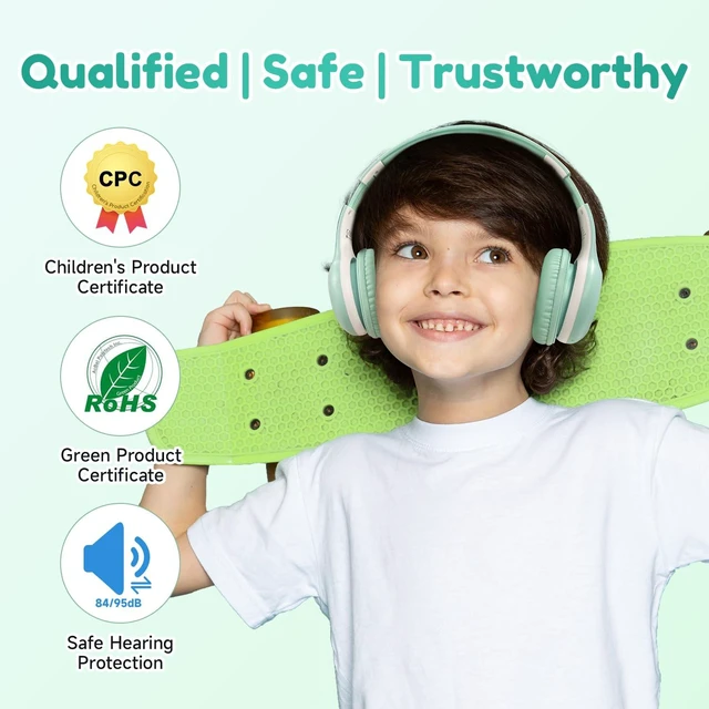 Alt view image 2 of 7 - K2 Kids Bluetooth Headphones for School, Kids Headphones with Mic Volume Limited, 40H Playtime, Built-in Mic, Stereo Sound, Foldable Over-Ear Headphone for Kids/Toddler/Travel/Tablet, Green