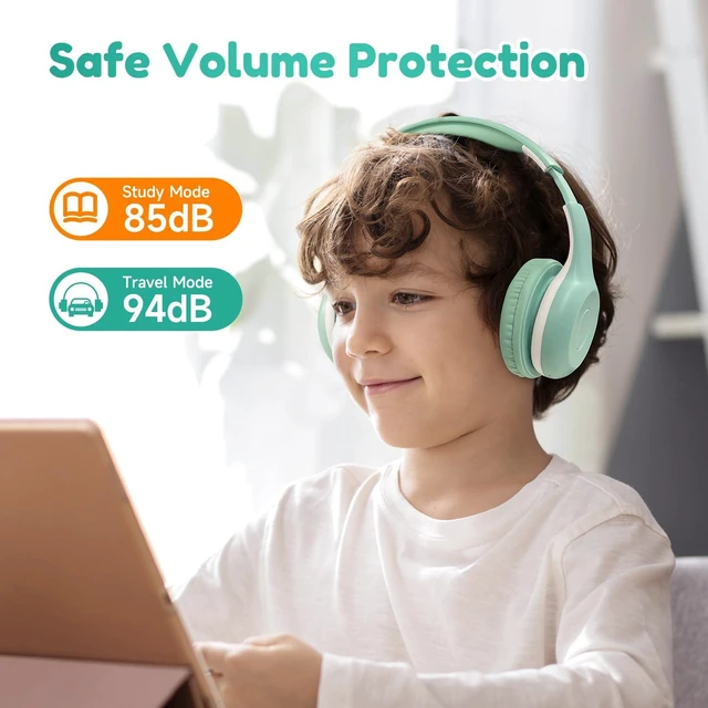 Alt view image 3 of 7 - K2 Kids Bluetooth Headphones for School, Kids Headphones with Mic Volume Limited, 40H Playtime, Built-in Mic, Stereo Sound, Foldable Over-Ear Headphone for Kids/Toddler/Travel/Tablet, Green