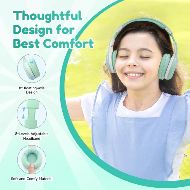 Alt view image 5 of 7 - K2 Kids Bluetooth Headphones for School, Kids Headphones with Mic Volume Limited, 40H Playtime, Built-in Mic, Stereo Sound, Foldable Over-Ear Headphone for Kids/Toddler/Travel/Tablet, Green