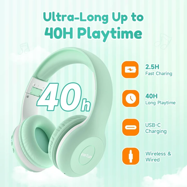 Alt view image 6 of 7 - K2 Kids Bluetooth Headphones for School, Kids Headphones with Mic Volume Limited, 40H Playtime, Built-in Mic, Stereo Sound, Foldable Over-Ear Headphone for Kids/Toddler/Travel/Tablet, Green