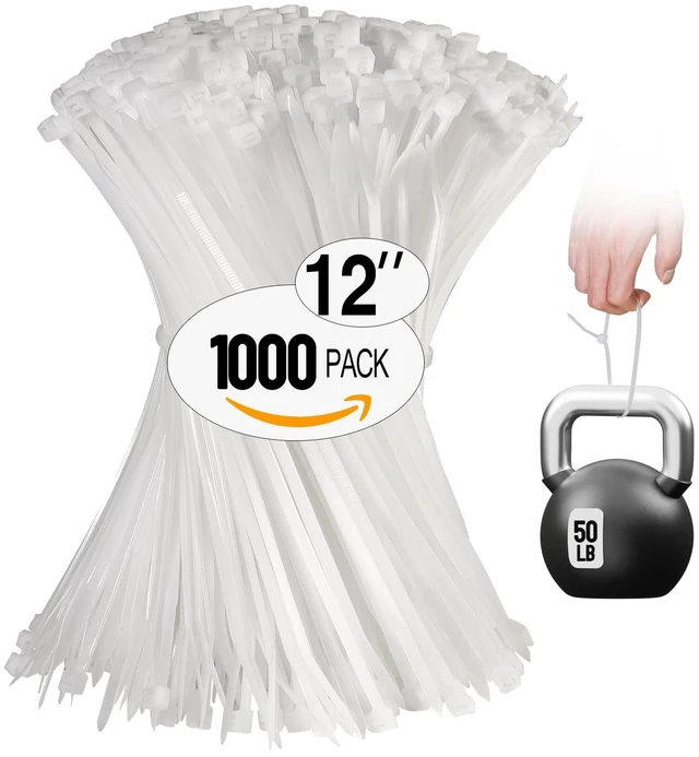 Main image of White Zip Ties 12 Inch 1000 Pack Clear Tensile Strength 50 lbs UV Resistant Industrial Cable Ties Self Locking Zipties Wire Ties Wrap Indoor Outdoor Use for Fence Garage Camping
