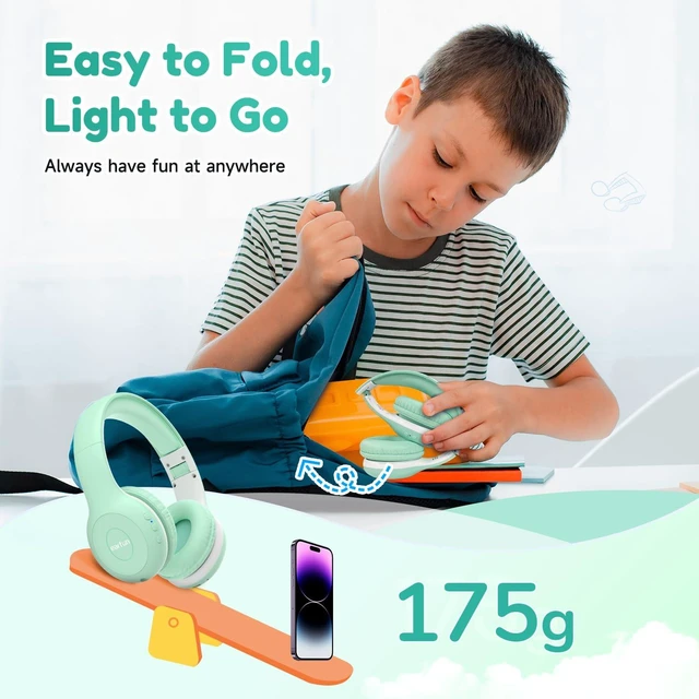 Alt view image 7 of 7 - K2 Kids Bluetooth Headphones for School, Kids Headphones with Mic Volume Limited, 40H Playtime, Built-in Mic, Stereo Sound, Foldable Over-Ear Headphone for Kids/Toddler/Travel/Tablet, Green