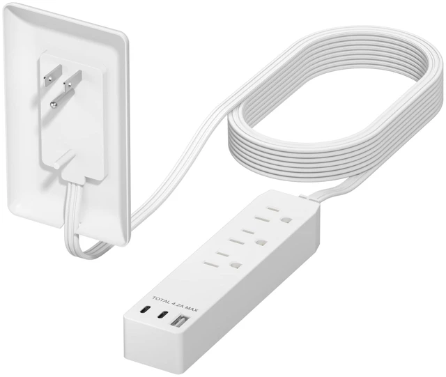 Main image of Outlet Extender with 3 Receptacles, 21W USB-A & 2 USB-C, Flat-Face ETL Listed, 8ft Cord, 1625W, Matte White, 3-Outlet Power Strip, Wall Plate Plug With Cord Extender, Premium Quality