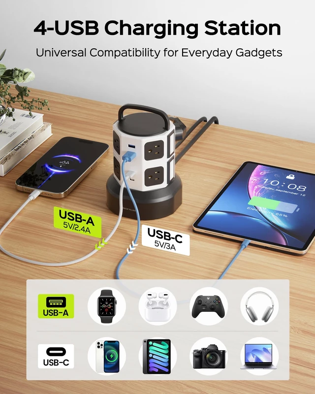 Alt view image 6 of 7 - Power Strip Tower Surge Protector, 8 AC 4 USB (2 USB C), 1050J 6.5Ft Retractable Extension Cord with Multiple Outlets, 1625W/13A Outlet Extender, USB Charging Station for Home Office Dorm
