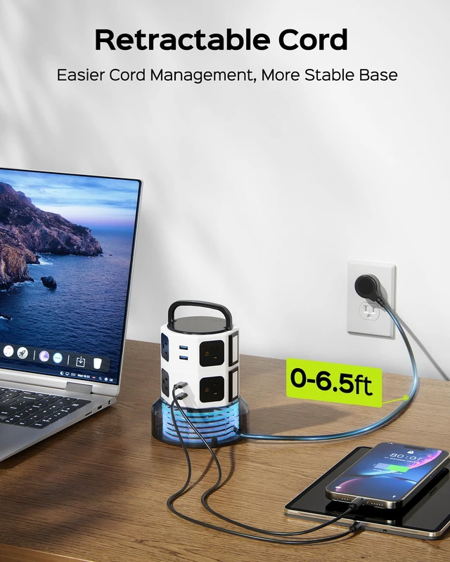 Alt view image 3 of 7 - Power Strip Tower Surge Protector, 8 AC 4 USB (2 USB C), 1050J 6.5Ft Retractable Extension Cord with Multiple Outlets, 1625W/13A Outlet Extender, USB Charging Station for Home Office Dorm