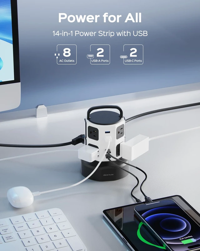Alt view image 2 of 7 - Power Strip Tower Surge Protector, 8 AC 4 USB (2 USB C), 1050J 6.5Ft Retractable Extension Cord with Multiple Outlets, 1625W/13A Outlet Extender, USB Charging Station for Home Office Dorm