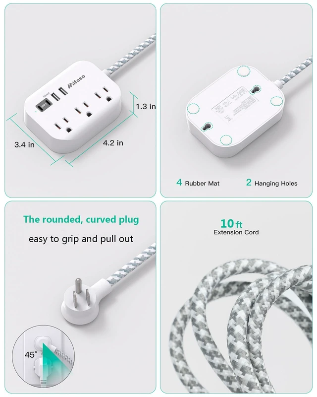 Alt view image 5 of 5 - Cruise Ship Essentials, Power Strip with USB Ports f. Dorm Room 10Ft Flat Extension Cord with Multiple Outlets, Apartment Essentials