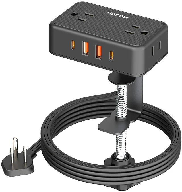 Main image of Desk Clamp Power Strip with 4Outlets & 4USB, 6FT Extension Cord for Home Desktop Mount Charging Station, Fits 2.75" Tabletop Edge, Wide Spaced, 1625W/13A, Flat Plug, No Surge Protector, Black