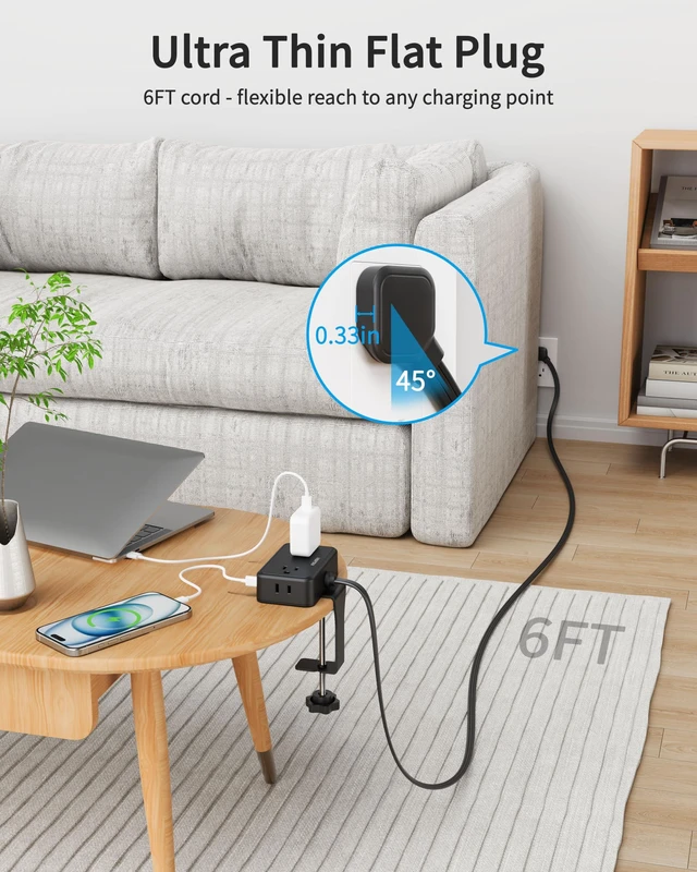 Alt view image 5 of 7 - Desk Clamp Power Strip with 4Outlets & 4USB, 6FT Extension Cord for Home Desktop Mount Charging Station, Fits 2.75" Tabletop Edge, Wide Spaced, 1625W/13A, Flat Plug, No Surge Protector, Black