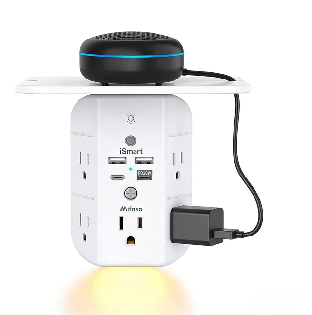 Main image of PD20W Outlet Extender with Shelf & Night Light, Surge Protector 5 AC Outlets, 2 USB-A, 2 USB-C, 3-Sided Wide-Space, Multi-Plug Outlet Splitter, Ideal for Home, College Dorm, RV, Travel