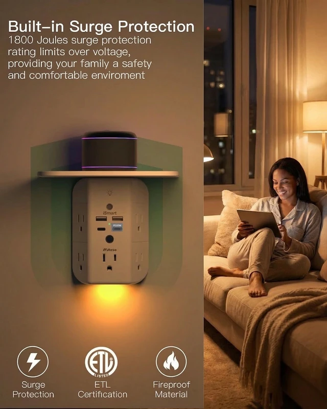 Alt view image 2 of 6 - PD20W Outlet Extender with Shelf & Night Light, Surge Protector 5 AC Outlets, 2 USB-A, 2 USB-C, 3-Sided Wide-Space, Multi-Plug Outlet Splitter, Ideal for Home, College Dorm, RV, Travel