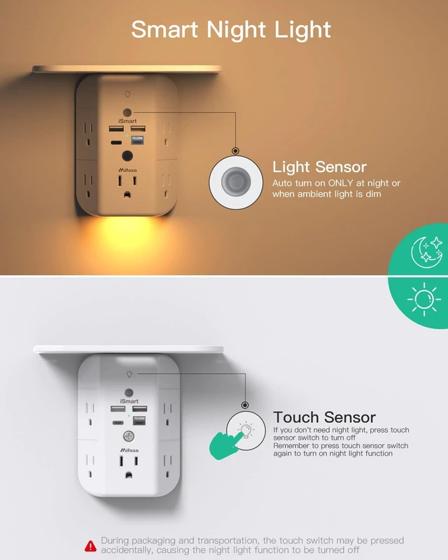 Alt view image 6 of 6 - PD20W Outlet Extender with Shelf & Night Light, Surge Protector 5 AC Outlets, 2 USB-A, 2 USB-C, 3-Sided Wide-Space, Multi-Plug Outlet Splitter, Ideal for Home, College Dorm, RV, Travel