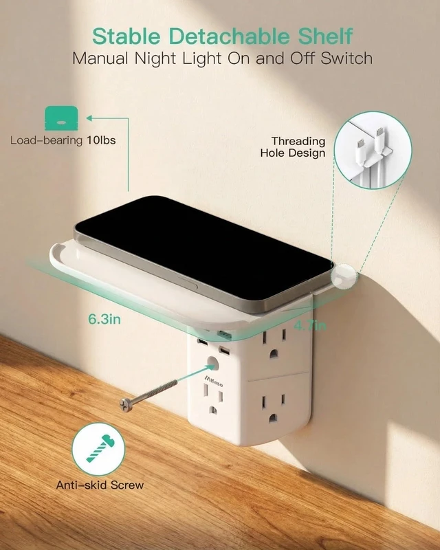 Alt view image 5 of 6 - PD20W Outlet Extender with Shelf & Night Light, Surge Protector 5 AC Outlets, 2 USB-A, 2 USB-C, 3-Sided Wide-Space, Multi-Plug Outlet Splitter, Ideal for Home, College Dorm, RV, Travel