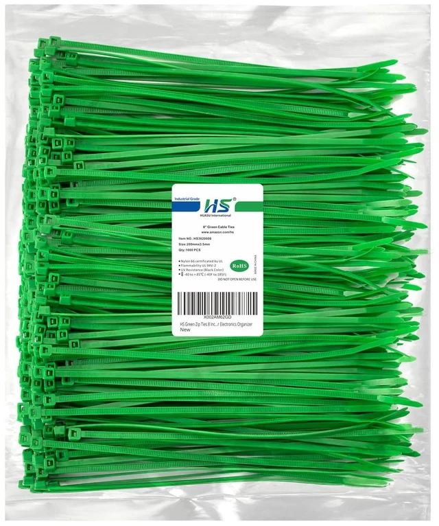 Main image of Green Zip Ties 8 Inch (Bulk-1000 Pack) Nylon Cable Ties 40 Lbs Self-Locking Wire Ties for Electronics Organizer
