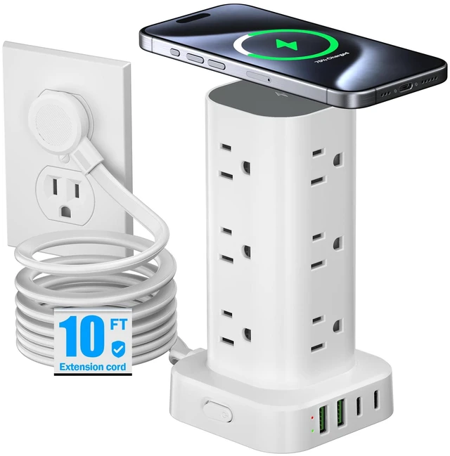 Main image of Tower Power Strip with 15W Wireless Charger, 10FT Flat Plug Extension Cord with Multiple Outlets, 12 AC Outlets, 4 USB Ports (2 USB C) Charging Station Surge Protector for Office Home Dorm Room(White)