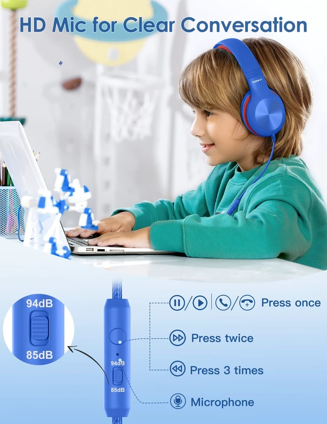 Alt view image 3 of 7 - Headphones for Kids for School, Kids Headphones with Microphone, Sharing Function, 85dB/94dB Safe Volume Limit, Over Ear Kid Headphone for School, On-line Study, Travel, Glaze Blue