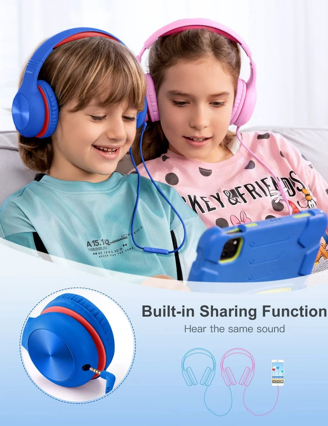 Alt view image 4 of 7 - Headphones for Kids for School, Kids Headphones with Microphone, Sharing Function, 85dB/94dB Safe Volume Limit, Over Ear Kid Headphone for School, On-line Study, Travel, Glaze Blue