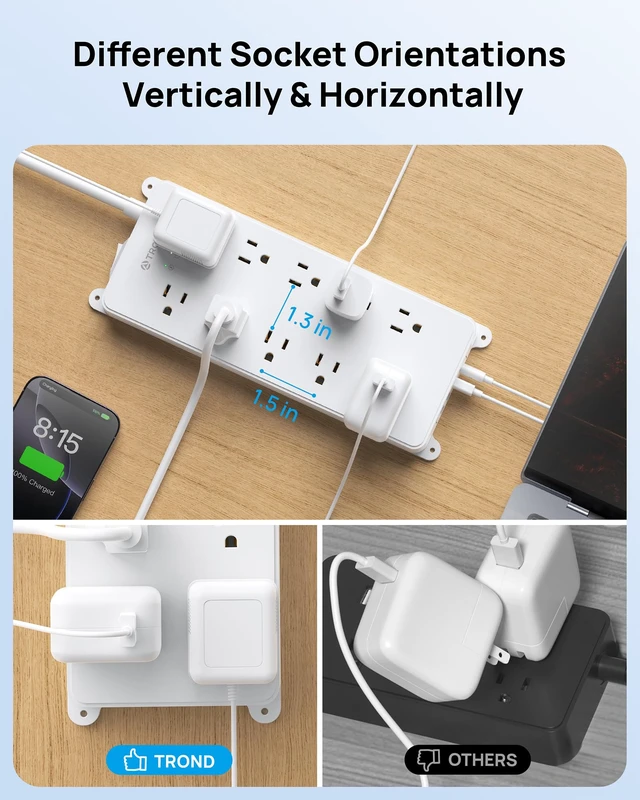 Alt view image 5 of 7 - 360° Rotating Plug Power Strip 10ft, 4000J, ETL Listed Surge Protector with 2 USB A and 2 USB C, 10 Widely Spaced Outlets, Wall Mountable, for Home Office Entertainment, White