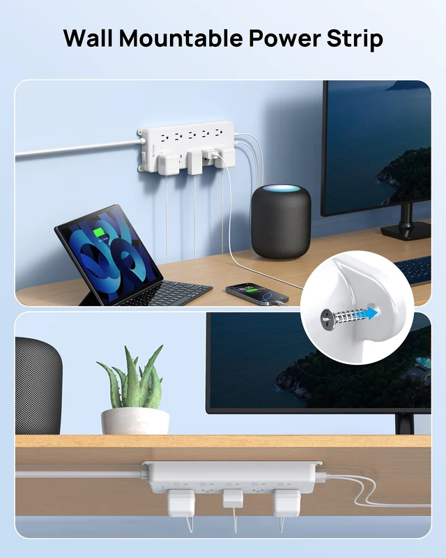 Alt view image 6 of 7 - 360° Rotating Plug Power Strip 10ft, 4000J, ETL Listed Surge Protector with 2 USB A and 2 USB C, 10 Widely Spaced Outlets, Wall Mountable, for Home Office Entertainment, White