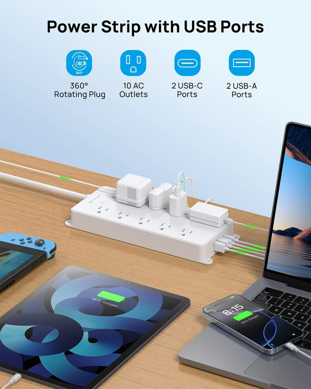 Alt view image 7 of 7 - 360° Rotating Plug Power Strip 10ft, 4000J, ETL Listed Surge Protector with 2 USB A and 2 USB C, 10 Widely Spaced Outlets, Wall Mountable, for Home Office Entertainment, White