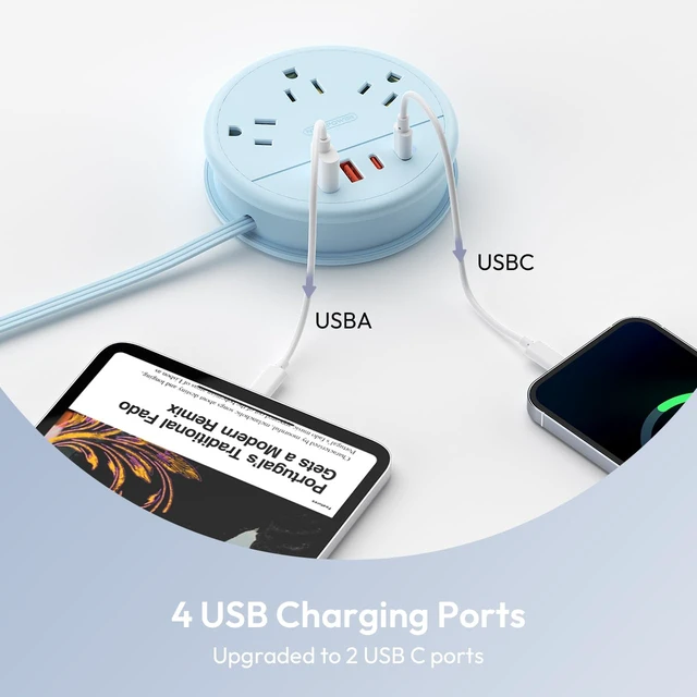 Alt view image 2 of 7 - Blue Travel Power Strip 20W, Travel Essentials, Cruise Essentials 3 Outlets 4 USB Ports(2 USB C), 4FT Wrapped Around Extension Cord for Travel Cruise Ship Beach Vacation Essentials