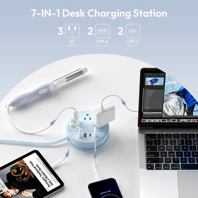Alt view image 3 of 7 - Blue Travel Power Strip 20W, Travel Essentials, Cruise Essentials 3 Outlets 4 USB Ports(2 USB C), 4FT Wrapped Around Extension Cord for Travel Cruise Ship Beach Vacation Essentials