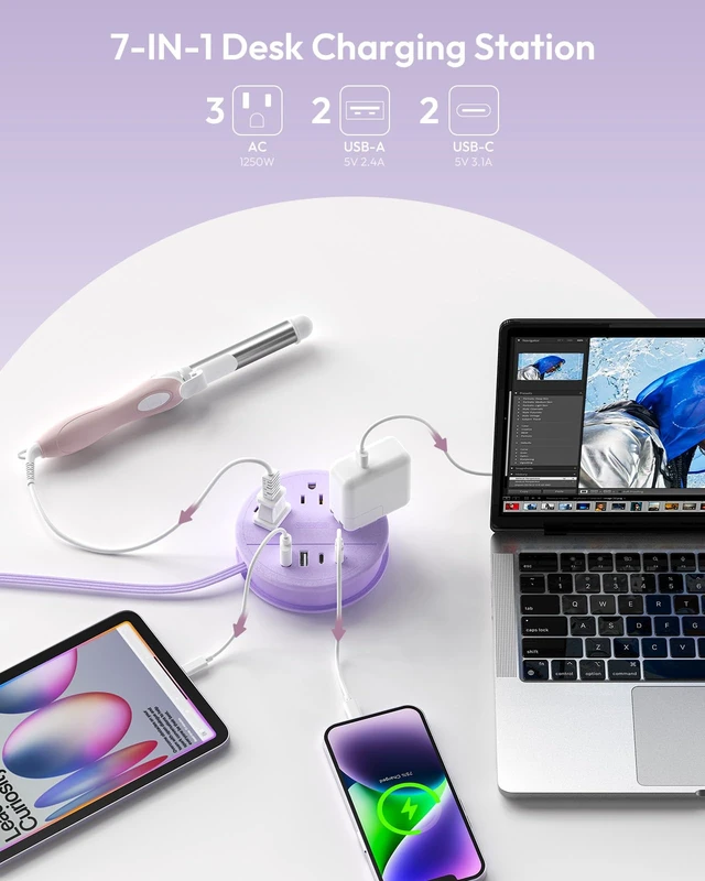 Alt view image 3 of 7 - Purple Travel Power Strip with 3 AC Outlet 4 USB(2 USB C), Dorm Room Essentials 4FT Flat Extension Cord, Purple Desk Accessories Compact fo for Hotel Travel Cruise Essentials