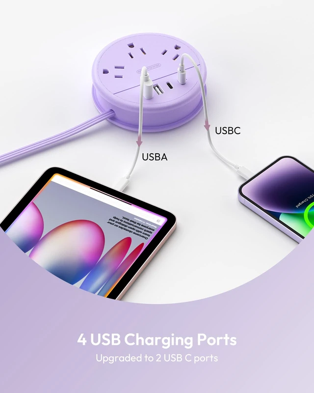 Alt view image 4 of 7 - Purple Travel Power Strip with 3 AC Outlet 4 USB(2 USB C), Dorm Room Essentials 4FT Flat Extension Cord, Purple Desk Accessories Compact fo for Hotel Travel Cruise Essentials