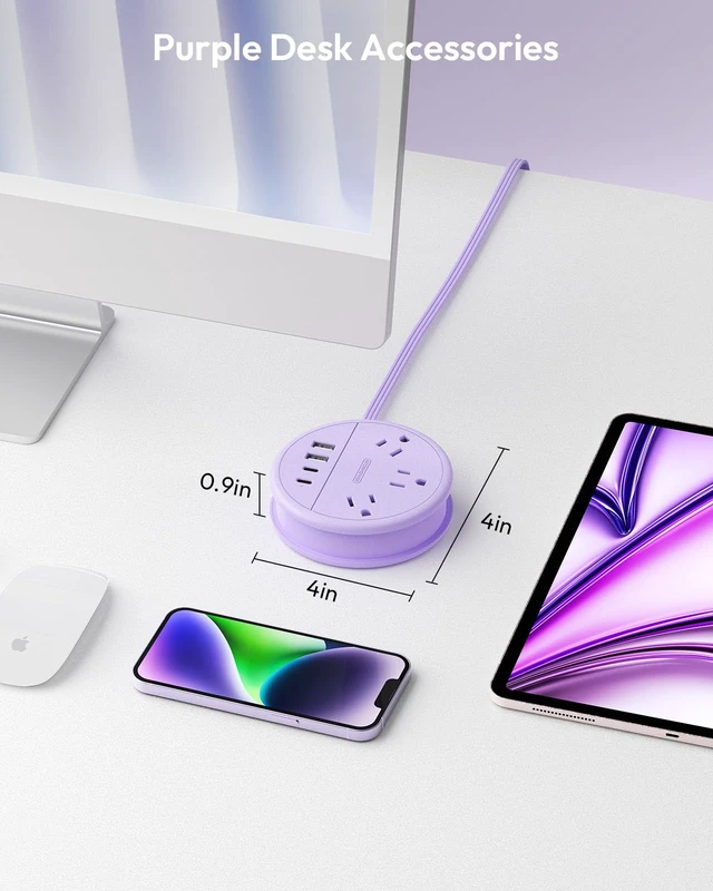Alt view image 5 of 7 - Purple Travel Power Strip with 3 AC Outlet 4 USB(2 USB C), Dorm Room Essentials 4FT Flat Extension Cord, Purple Desk Accessories Compact fo for Hotel Travel Cruise Essentials