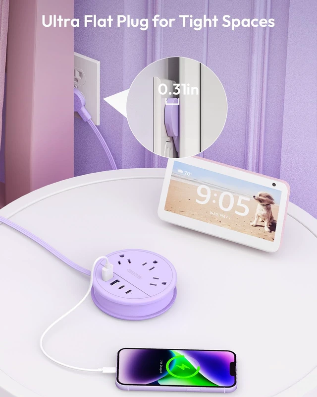 Alt view image 6 of 7 - Purple Travel Power Strip with 3 AC Outlet 4 USB(2 USB C), Dorm Room Essentials 4FT Flat Extension Cord, Purple Desk Accessories Compact fo for Hotel Travel Cruise Essentials