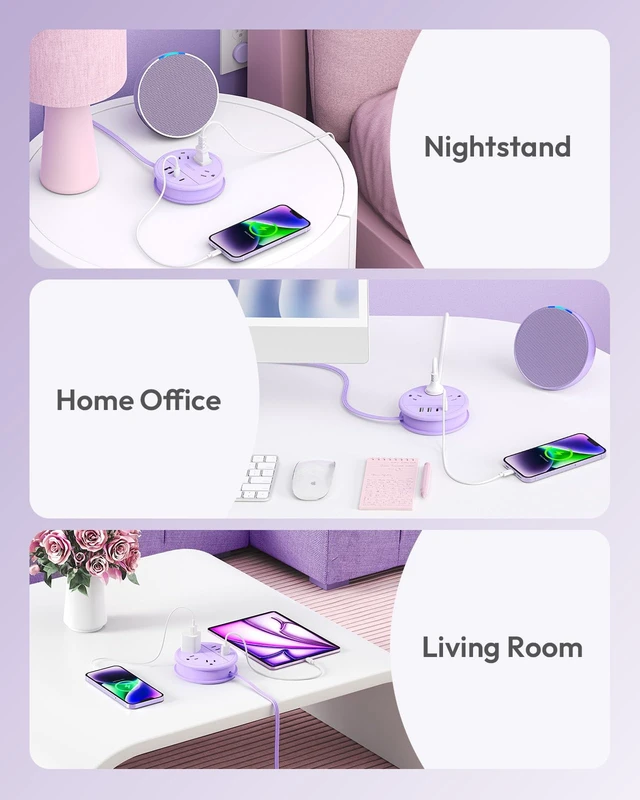 Alt view image 7 of 7 - Purple Travel Power Strip with 3 AC Outlet 4 USB(2 USB C), Dorm Room Essentials 4FT Flat Extension Cord, Purple Desk Accessories Compact fo for Hotel Travel Cruise Essentials