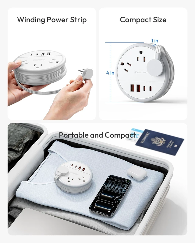 Alt view image 3 of 7 - Travel Power Strip 20W, Travel Essentials, Cruise Essentials 2026 3 Outlets 4 USB Ports(2 USB C), 4FT Wrapped Around Extension Cord for Travel Cruise Ship Beach Vacation Essentials
