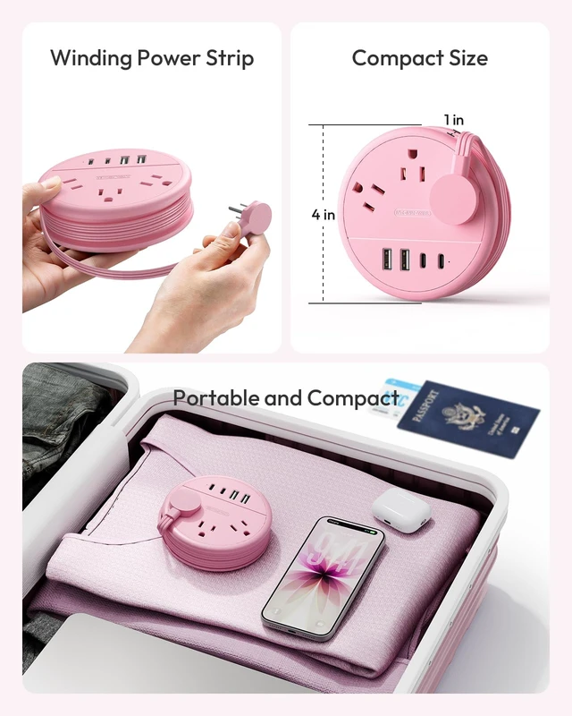 Alt view image 3 of 6 - Pink Travel Power Strip, Travel Essentials, Cruise Essentials 3 Outlets 4 USB Ports(2 USB C), 4FT Wrapped Around Extension Cord for Travel Cruise Ship Beach Vacation Essentials