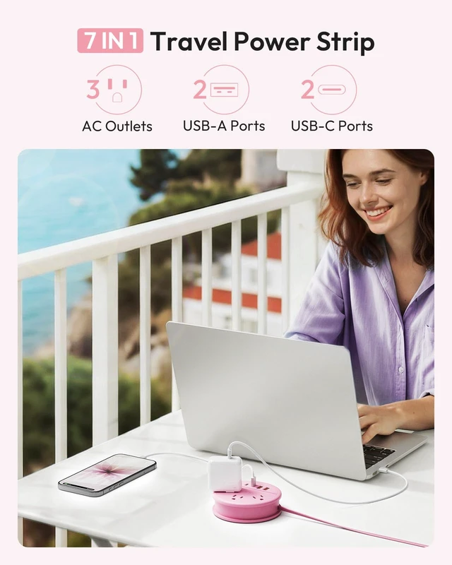 Alt view image 2 of 6 - Pink Travel Power Strip, Travel Essentials, Cruise Essentials 3 Outlets 4 USB Ports(2 USB C), 4FT Wrapped Around Extension Cord for Travel Cruise Ship Beach Vacation Essentials