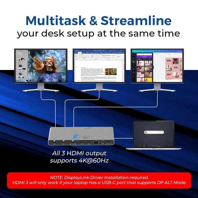 Alt view image 3 of 7 - DisplayLink Triple Monitor Docking Station 4K@60Hz with 100W PD 3x 4K@60hz Multi Monitor 6x USB, Ethernet, SD/TF, 100W PD, Audio/Mic Laptop Docking station with MacOS/Windows support