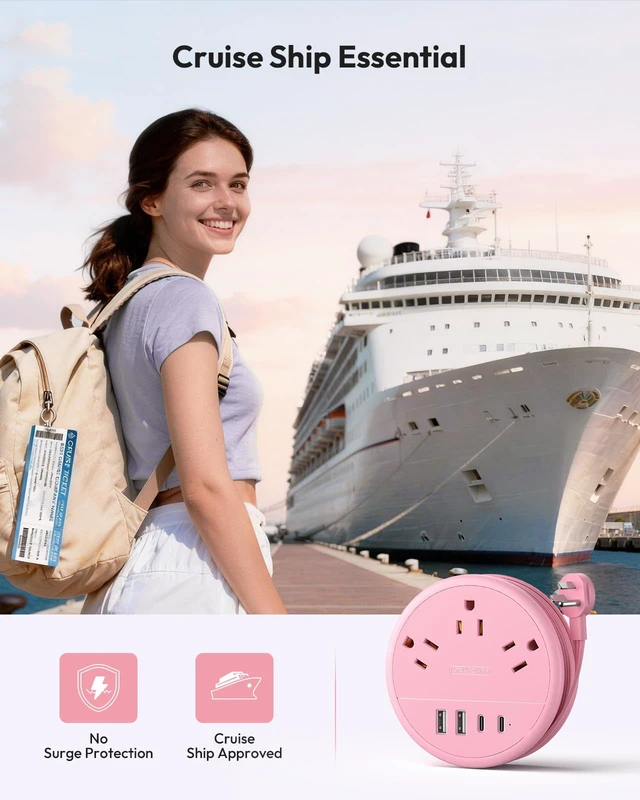 Alt view image 4 of 6 - Pink Travel Power Strip, Travel Essentials, Cruise Essentials 3 Outlets 4 USB Ports(2 USB C), 4FT Wrapped Around Extension Cord for Travel Cruise Ship Beach Vacation Essentials