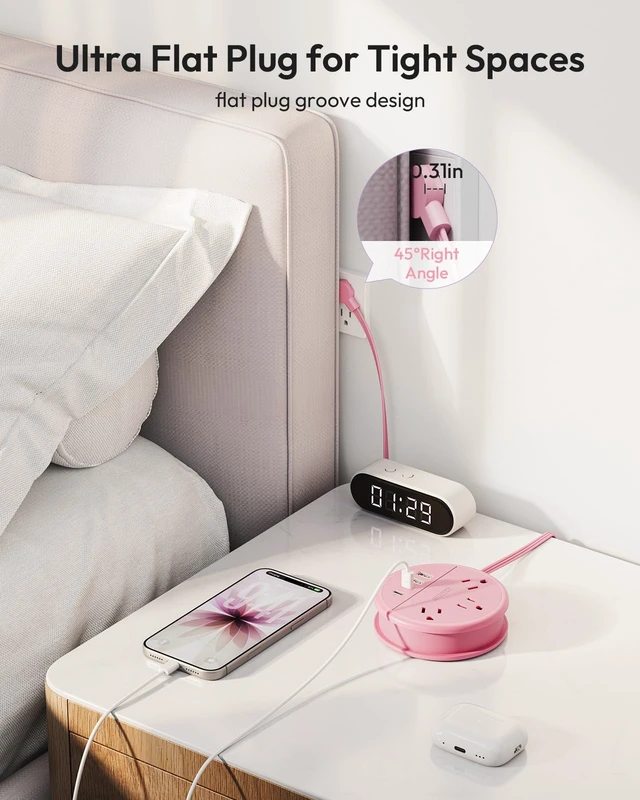 Alt view image 6 of 6 - Pink Travel Power Strip, Travel Essentials, Cruise Essentials 3 Outlets 4 USB Ports(2 USB C), 4FT Wrapped Around Extension Cord for Travel Cruise Ship Beach Vacation Essentials