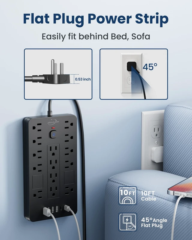 Alt view image 5 of 7 - 6 FT Extension Cord Surge Protector Power Strip,14 Outlets & 6 USB Ports 2 Pack 6 Feet Flat Plug extension cord with 14 AC&6 USB Ports(2 USB-C), 1850 Joules surge protection ETL Listed
