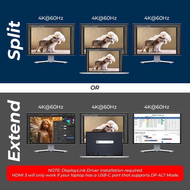 Alt view image 4 of 7 - DisplayLink Triple Monitor Docking Station 4K@60Hz with 100W PD 3x 4K@60hz Multi Monitor 6x USB, Ethernet, SD/TF, 100W PD, Audio/Mic Laptop Docking station with MacOS/Windows support