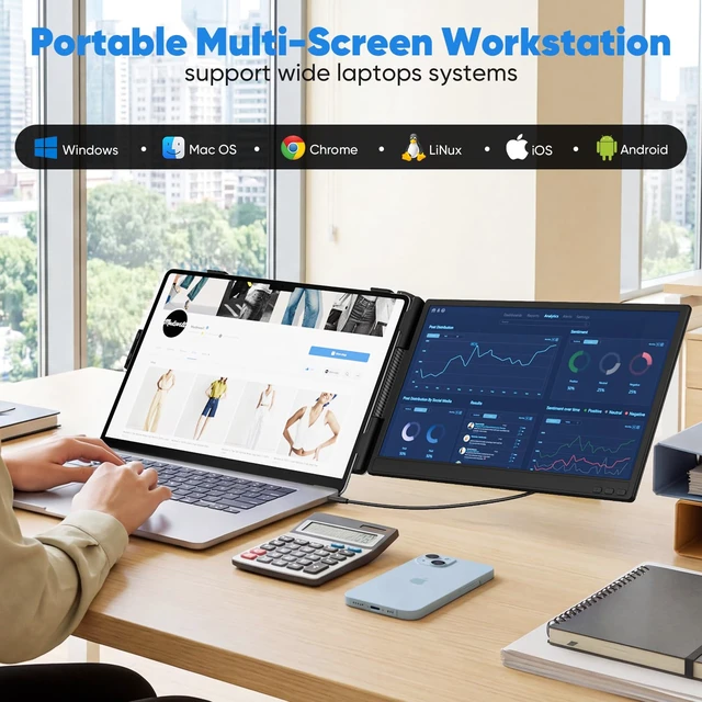 Alt view image 4 of 7 - Laptop Screen Extender, 14 FHD 1080P Portable Monitor for Laptop, 0.27" Ultra-Thin Display with 100% sRGB, Dual Screen Extender for 1317 Laptops, Plug & Play for Windows/Mac/Chrome/Android