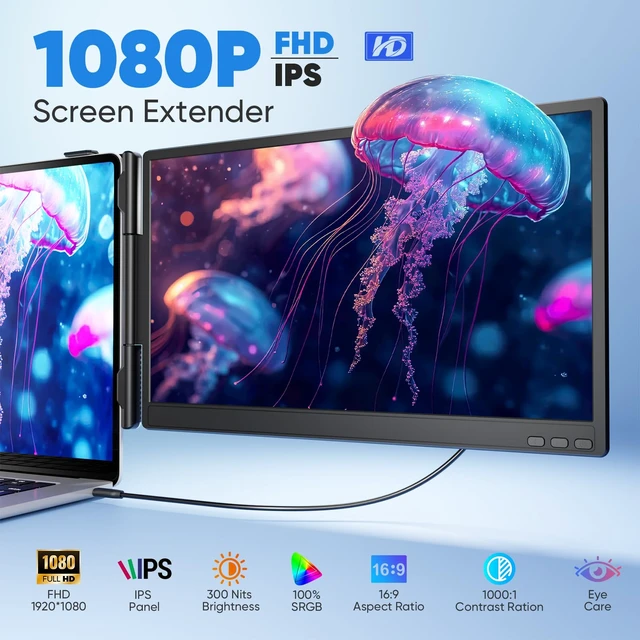 Alt view image 3 of 7 - Laptop Screen Extender, 14 FHD 1080P Portable Monitor for Laptop, 0.27" Ultra-Thin Display with 100% sRGB, Dual Screen Extender for 1317 Laptops, Plug & Play for Windows/Mac/Chrome/Android