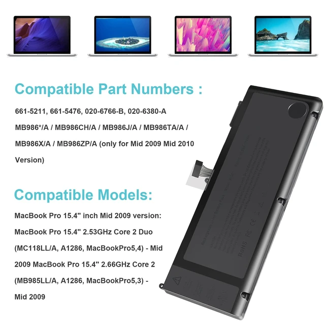 Alt view image 5 of 7 - A1321 A1286 (Only for Mid 2009 Mid 2010 Version) Laptop Battery for MacBook Pro 15 Inch Battery A1321 A1286 MC371LL/A MC372LL/A MB985 MB986 MC118 020-6380-A 020-6766-B 661-5211 661-5476 661-5844 73Wh