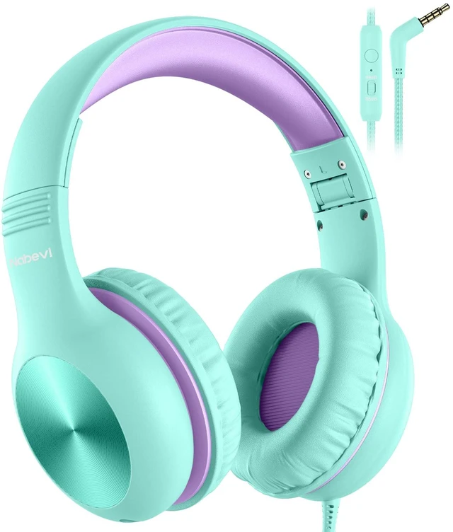 Main image of Kids Headphones with Microphone, Over-Ear Headphones for Kids with Sharing Function, 85dB/94dB Safe Volume Limit, Wired Headphone for Children, Kid Headset for School, Tablet, Travel, Green