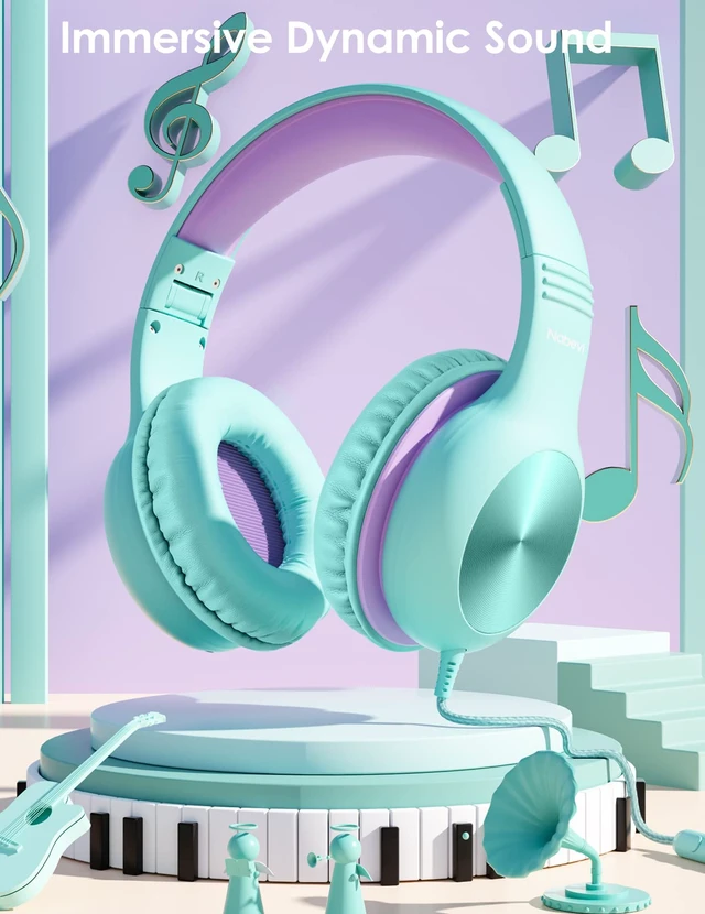 Alt view image 2 of 7 - Kids Headphones with Microphone, Over-Ear Headphones for Kids with Sharing Function, 85dB/94dB Safe Volume Limit, Wired Headphone for Children, Kid Headset for School, Tablet, Travel, Green
