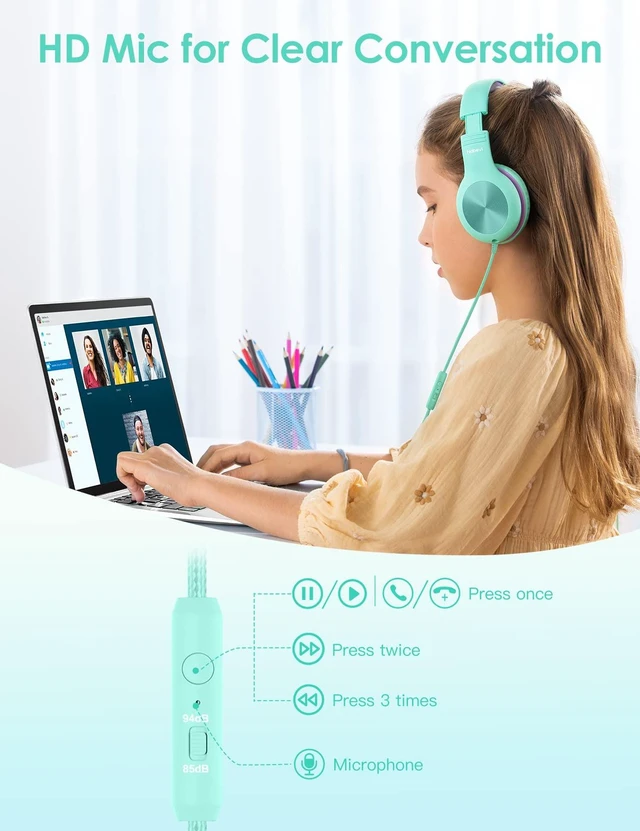 Alt view image 3 of 7 - Kids Headphones with Microphone, Over-Ear Headphones for Kids with Sharing Function, 85dB/94dB Safe Volume Limit, Wired Headphone for Children, Kid Headset for School, Tablet, Travel, Green