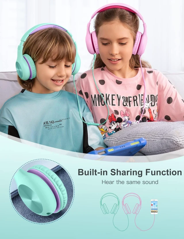 Alt view image 4 of 7 - Kids Headphones with Microphone, Over-Ear Headphones for Kids with Sharing Function, 85dB/94dB Safe Volume Limit, Wired Headphone for Children, Kid Headset for School, Tablet, Travel, Green
